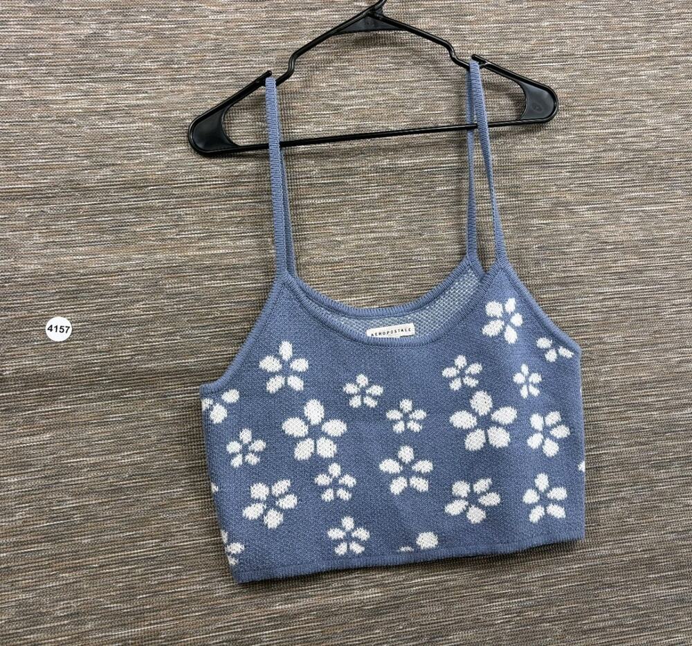 Aeropostale Cropped Floral Knit Sweater Cami Top Womens Size XL Blue White